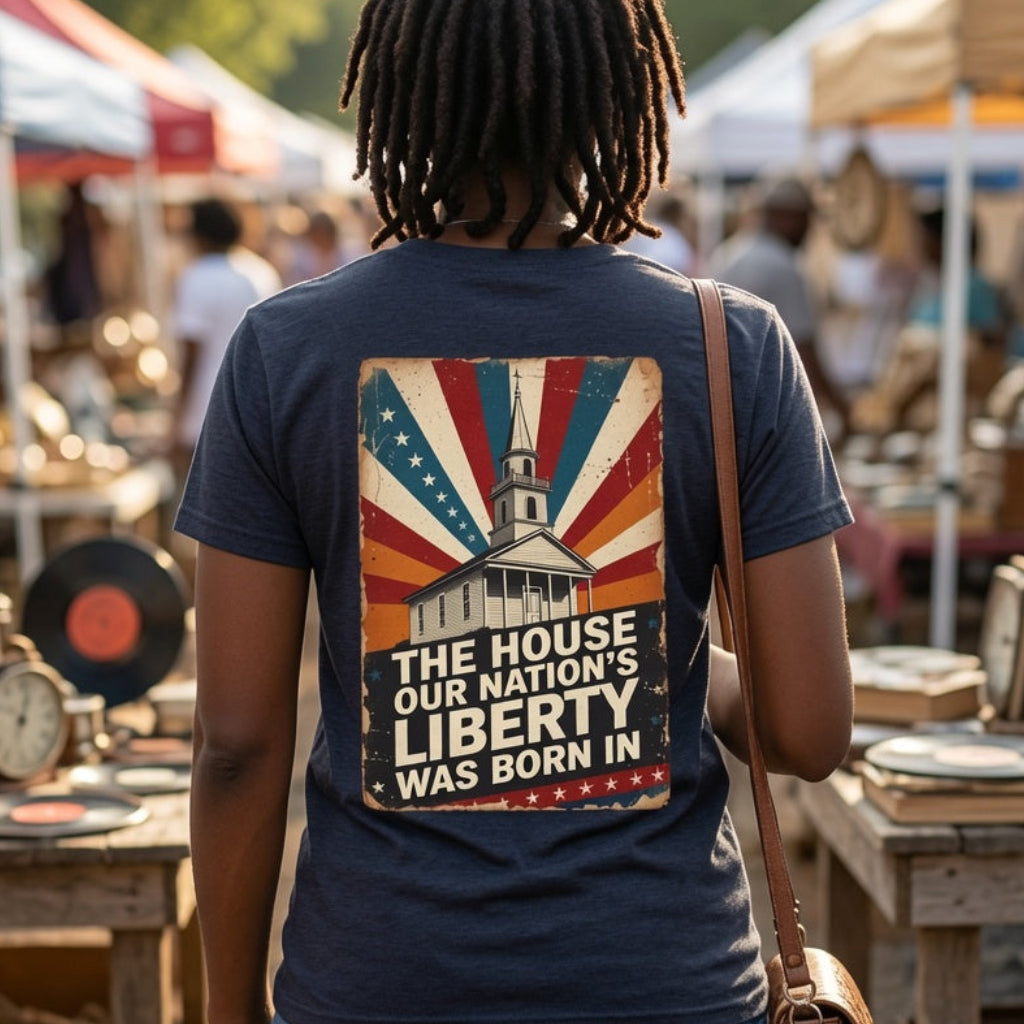 Person wearing a t-shirt with a patriotic design at an outdoor market.